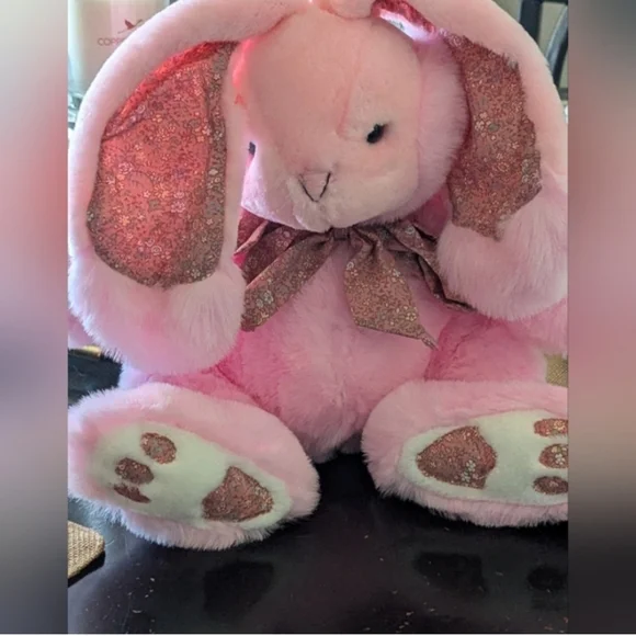 Vintage 80s Pink EASTER Bunny Stuffed Animal Plush Quilted Ears, Feet & Bow 25" - Picture 3 of 12